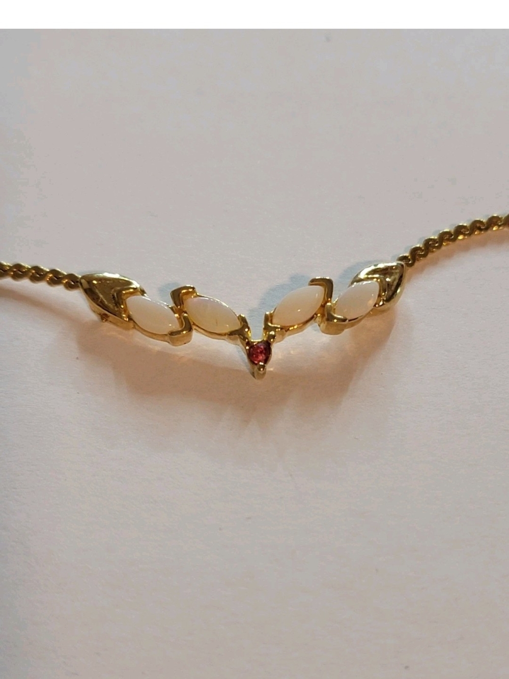 Vintage Genuine Ruby & Opal Necklace By Lady Sedgwick gold tone 16" (1980s)